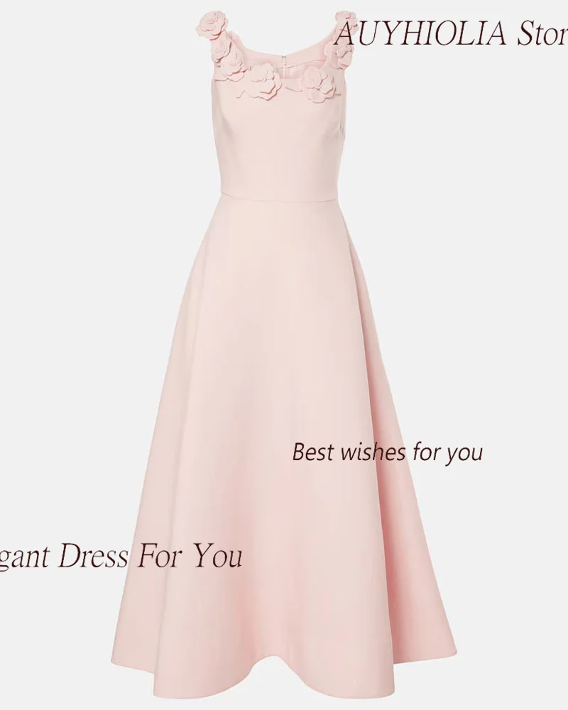 Crepe Evening Dresses For Sexy Women 2024 정장원피스 Vestidos de festa Elegant 3D Flower Crewl Neck Formal Solid Cocktail Party Gown