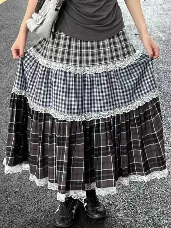 2027 Vintage Harajuku Lace Plaid Skirt Women Preppy Style Long Skirts Autumn Winter Streetwear Retro A-line Ruffles Skirts