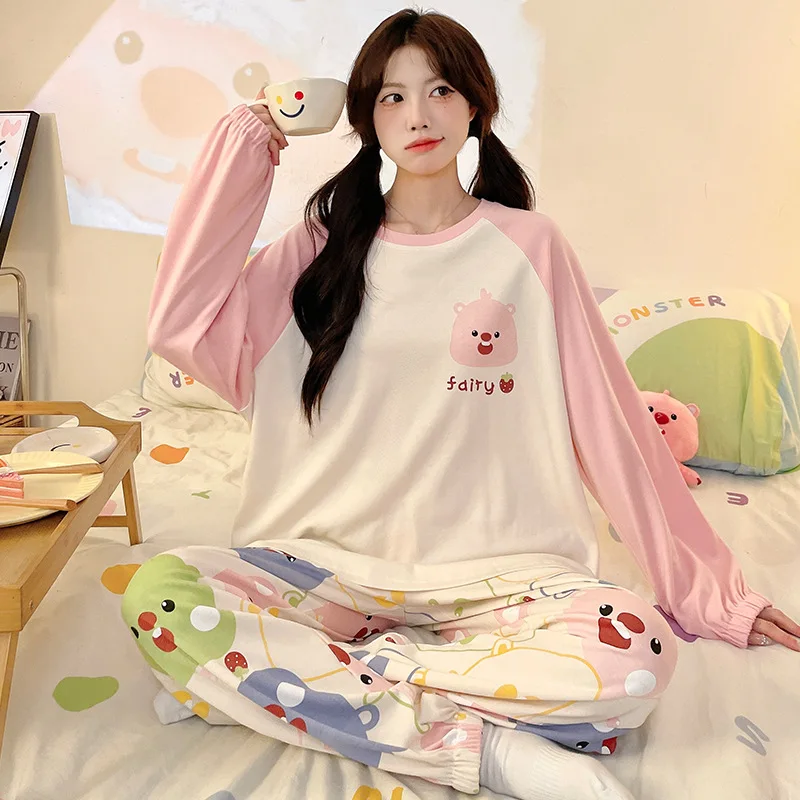 Cartoon Sanrio Yugui Dog Pajamas Autumn Crew Neck Cotton Long Sleeve Pants Two-piece Women\'s Pajamas Strawberry Bear Loungewear