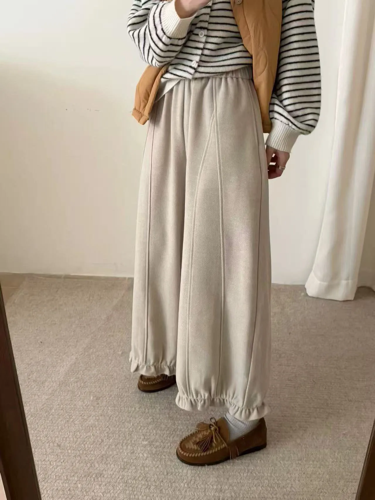 

Women's Fce Lined High Waist Wide Leg Pants Elastic Waist Versatile Loose Casual Nine Point Bloomer Sle Autumn Winter