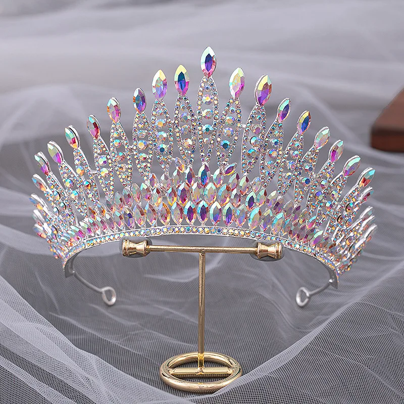 Quality Pageant Pink Bridal Crown Headdress Royal Queen Large Water Drop Crystal Tiaras Diadem Wedding Hair Jewelry Accessories