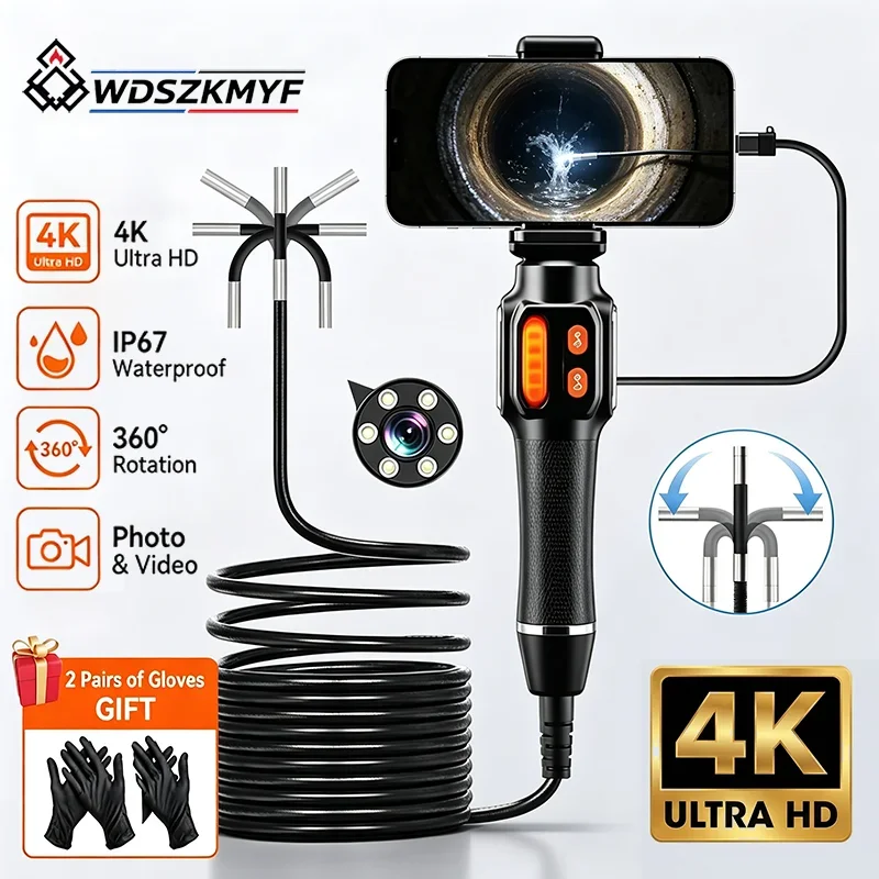 360° Articulated Rotatable Borescope Endoscope Camera 6.0mm 4K UHD IP67 Waterproof for Automotive Vehicle Check For iOS Android