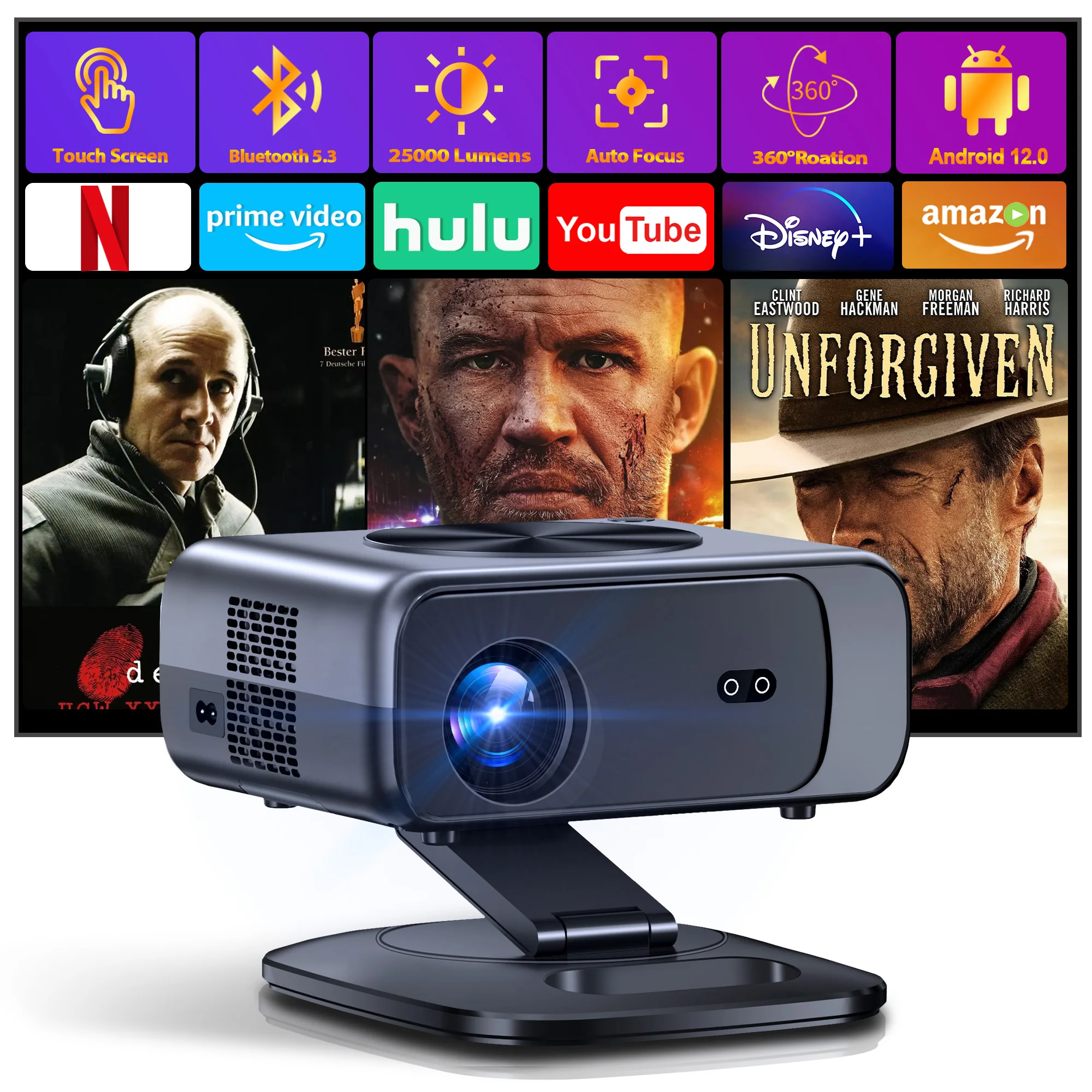 XIWBSY 26000 Lumen Smart-Projektor 4K WLAN-Projektor 6G WLAN Autofokus-Projektor Android 12.0 Heimkino Tageslicht-HDR-Videoprojektor Filmprojektor