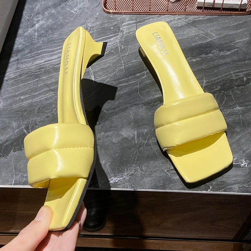 Brand Designer Solid Slippers Women Candy Color Strange Mid High Heel Sandals Female Flip Flops Peep Toe Slides Zapatos De Mujer