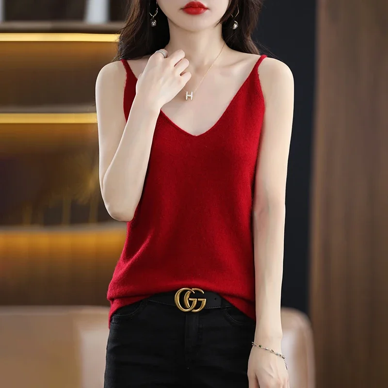 Women Camis Tops Solid Spring Summer Casual Knitted Tops Sexy V-neck Tank Tops Office Lady Top 2024 Fashion Korean Tank Top