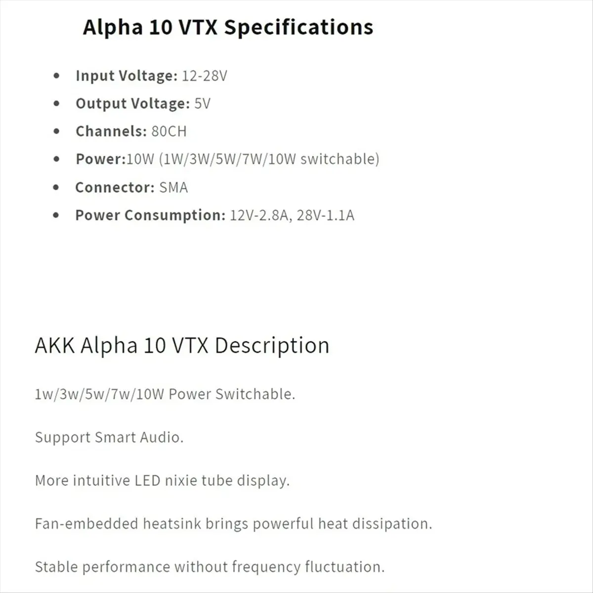 

5,8G 10W FPV VTX для Alpha 10 10W VTX 5,8 ГГц 80CH 10W 7W 5W 3W 1W Высокомощная интеллектуальная передача аудио-видео [Дневник жизни]