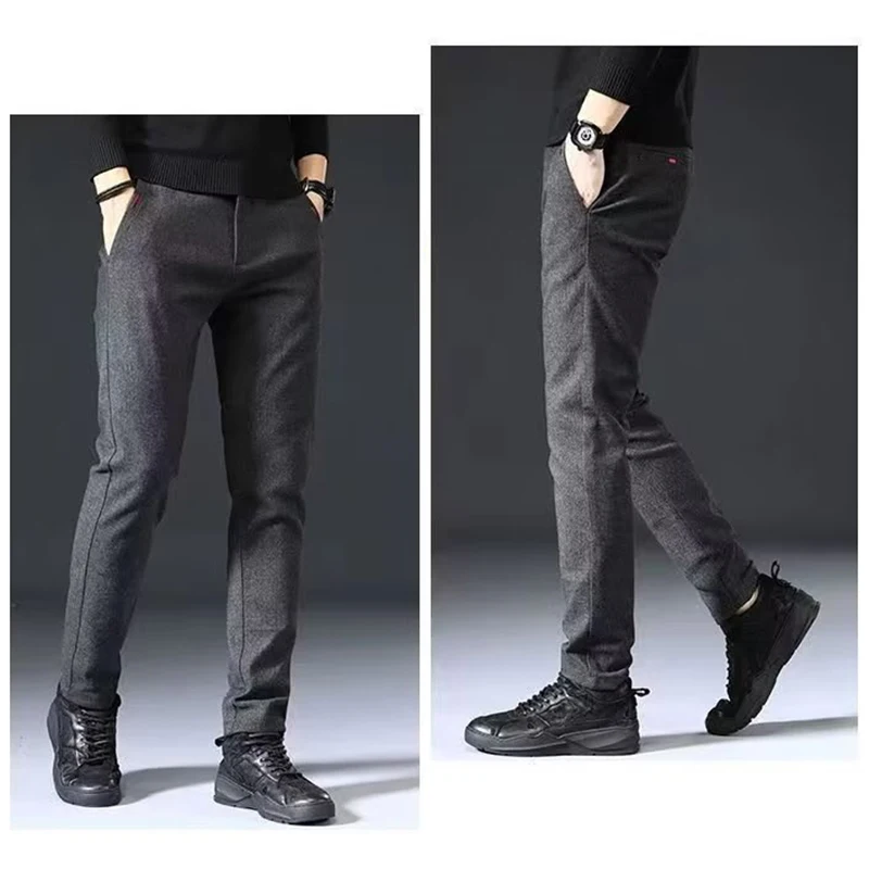 Autumn Winter Men\'s Straight Leg Long Daily Pants Thicken Casual Narrow Leg Trousers Stylish Male Snow Plush Thermal Warm Pants