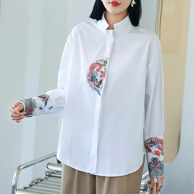 2024 New Chinese Style Women Tops Pure Cotton Shirt Embroidery High Neck Retro Women's Clothing Blouse Loose Long Sleeve Shirt