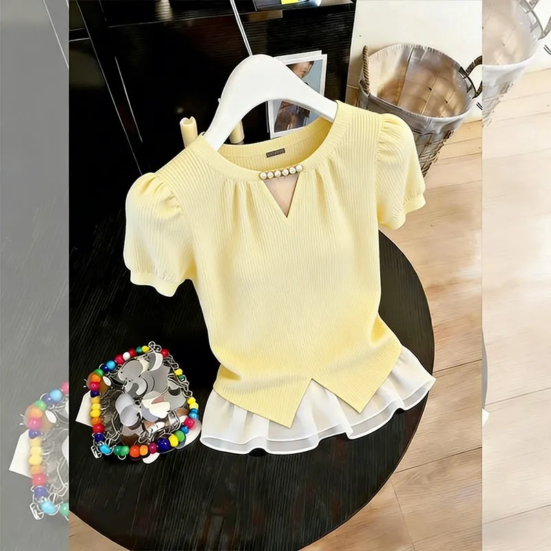 

Summer Dopaamine Style Women's Fashionable Hollow out Commute Top Color Block Elegant Beautiful Shirt Gentle Wind Slim Fit
