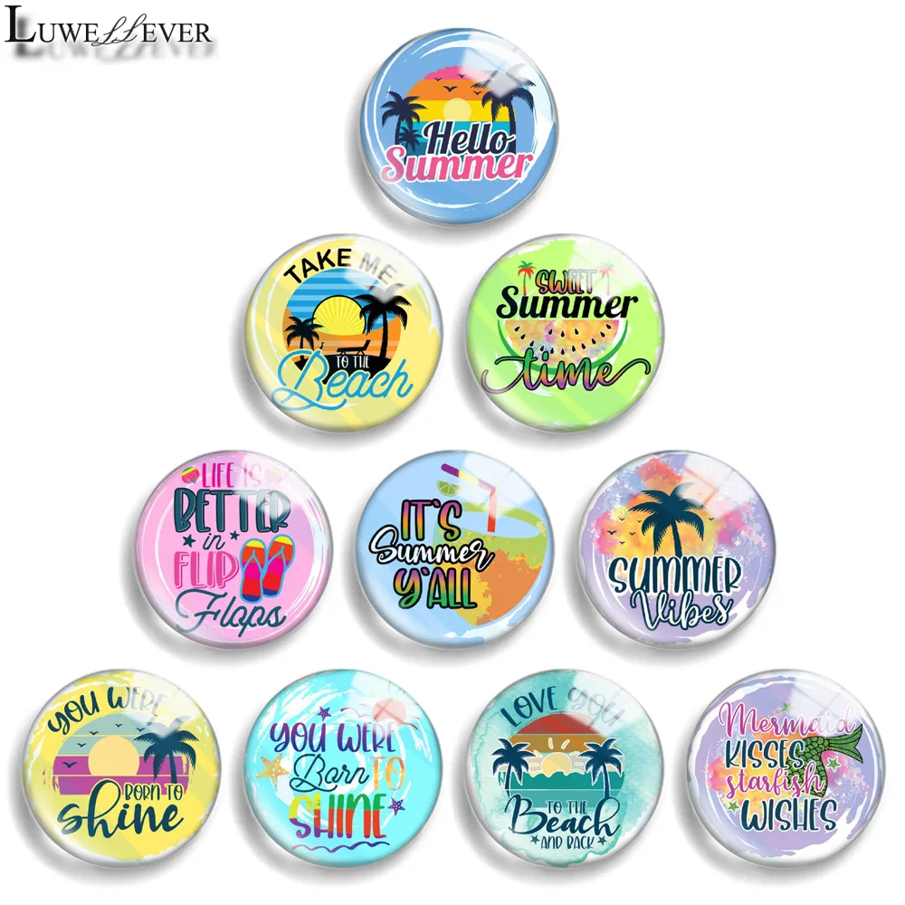 12mm 10mm 20mm 25mm 30mm 40mm 854 Hello Summer Mix Round Glass Cabochon Jewelry Finding 18mm Snap Button Charm Bracelet