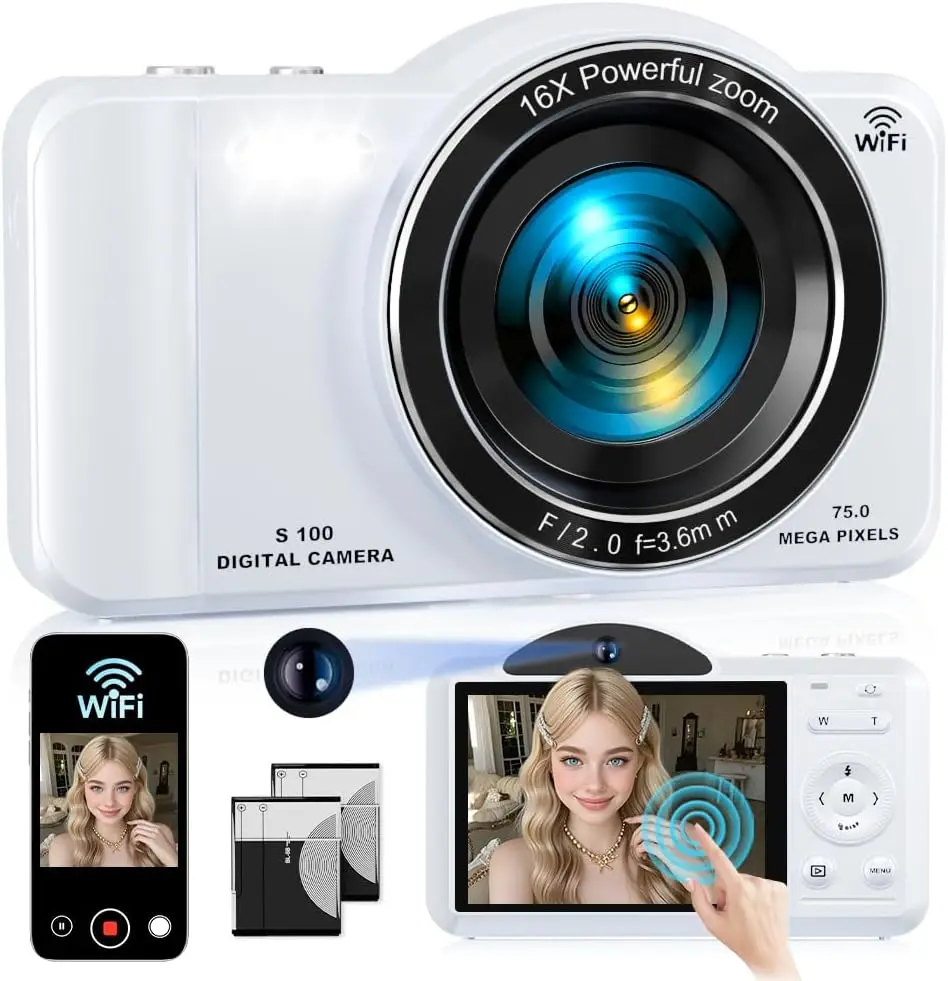 

4K WiFi камера с двумя объективами 75 МП и сенсорным экраном, 16-кратный зум для YouTube-влогов и путешествий, в комплекте карта памяти 32 ГБ (белая)