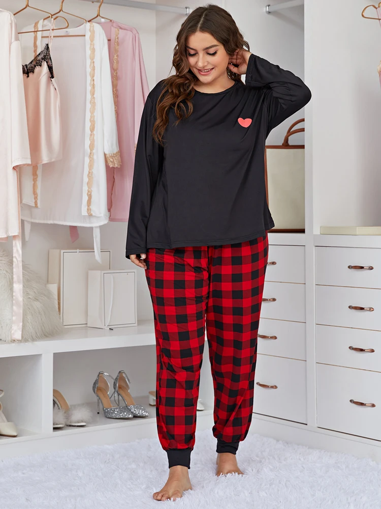 Plus Size XL-5XL Women\'s Fall Pajama Set Long Sleeve T-Shirt and Check Pants Sleepwear Plaid Causal Homewear Cloth 2 Pieces