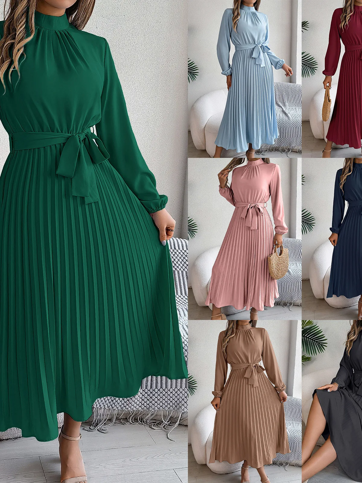 Long Sve Stand up Collar Sved Dr Color Blo Midi Skirt High Waist Knitted Summer Wrap Dr A-Line Silhouette Other