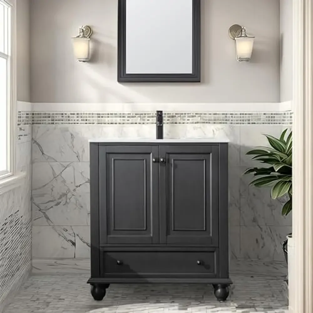 Combo de fregadero de tocador de baño de estilo Retro, diseño Vintage, construcción de madera maciza, fregadero de cerámica empotrado, grifo negro mate, 30"