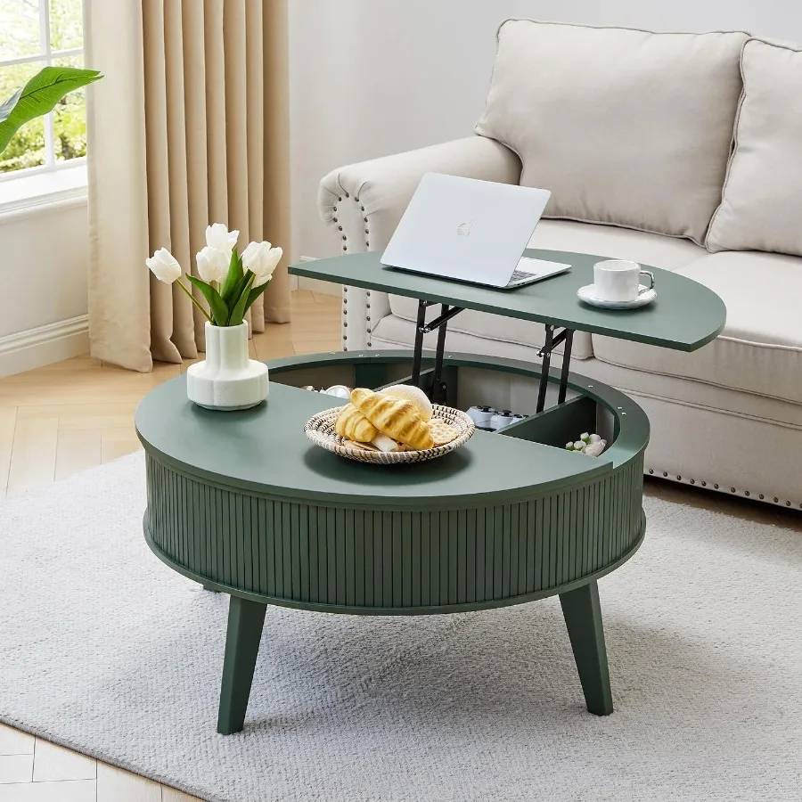 Mid Century Modern round lift top coffee table for living room, office, small space; fluted wood; green; includes storage and l