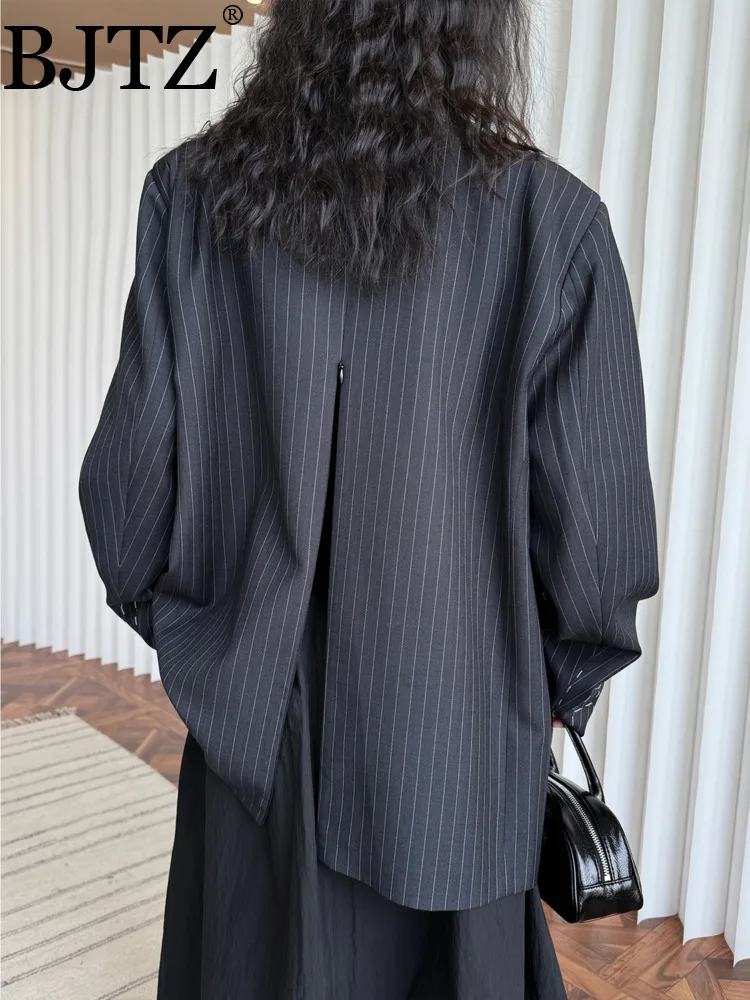 

BJTZ Fashionable Design Lapel Wide Shoulders Striped Blazer Casual Temperament Slimming Jacket For Women 2025 Spring Autumn New