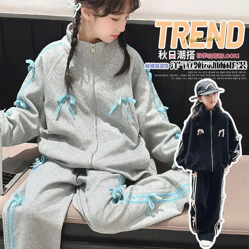 

Популярный модный спортивный костюм для девочек Kawaii, комплект со штанами, студенческие весенне-осенние повседневные топы, длинные штаны, комплект из 2 предметов, детская одежда, новинка