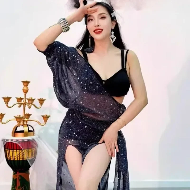 Customized Belly Dance Practice Dress Baladi Folk Robe Micro Transparent Sexy Pure Desire Wind Star Internet Red Sparkling Silk