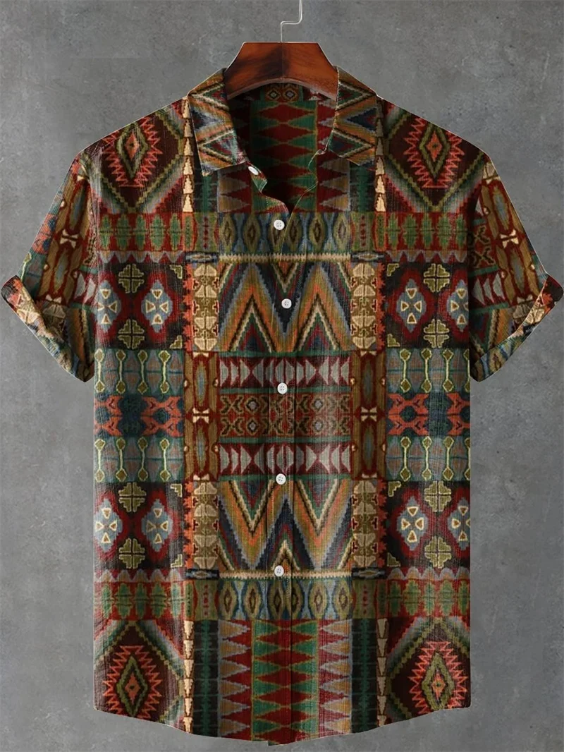 Men's Personalized Custom 3D Printed Retro Ethnic Style Shirt Short-sleeved Lapel Button Outdoor Shopping Fashion Thin Top