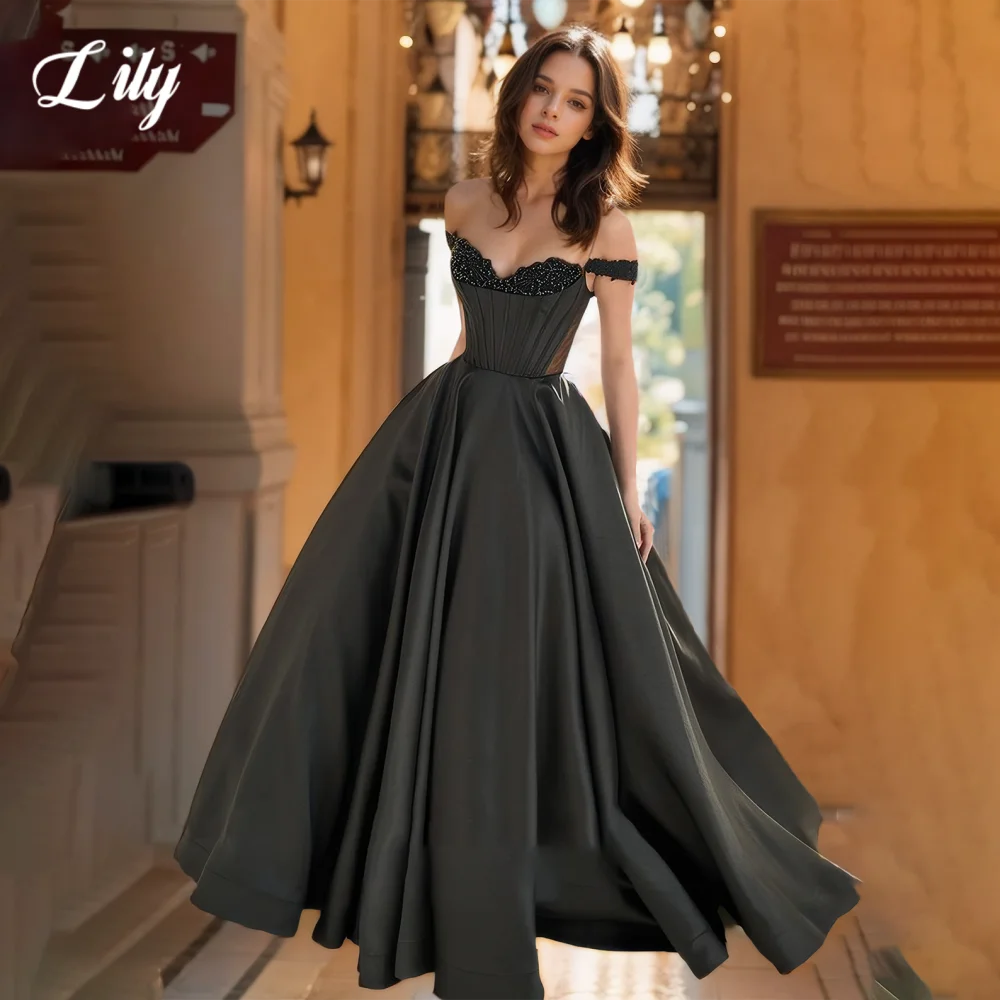 

Lily Black Elegant Prom Dress Sweetheart Off the Shoulder Party Dresses with Fishbone Satin Pleated Beads Formal Gown Customized