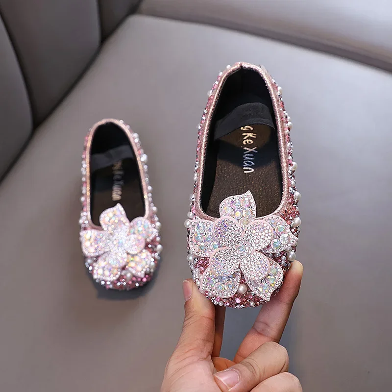 Children Spring Autumn Princess Rhinestones Flowers Sequins Girls Ladies Laser Pearls Performance Dance Shoes Girls Single Shoes