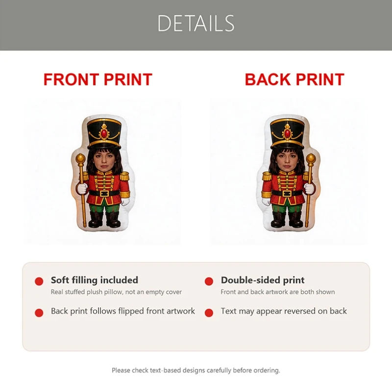 Custom Photo Nutcracker Soldier Shaped Pillow, Personalized Face in Red Uniform Decorative Cushion, 70CM Home Decor Accent for S