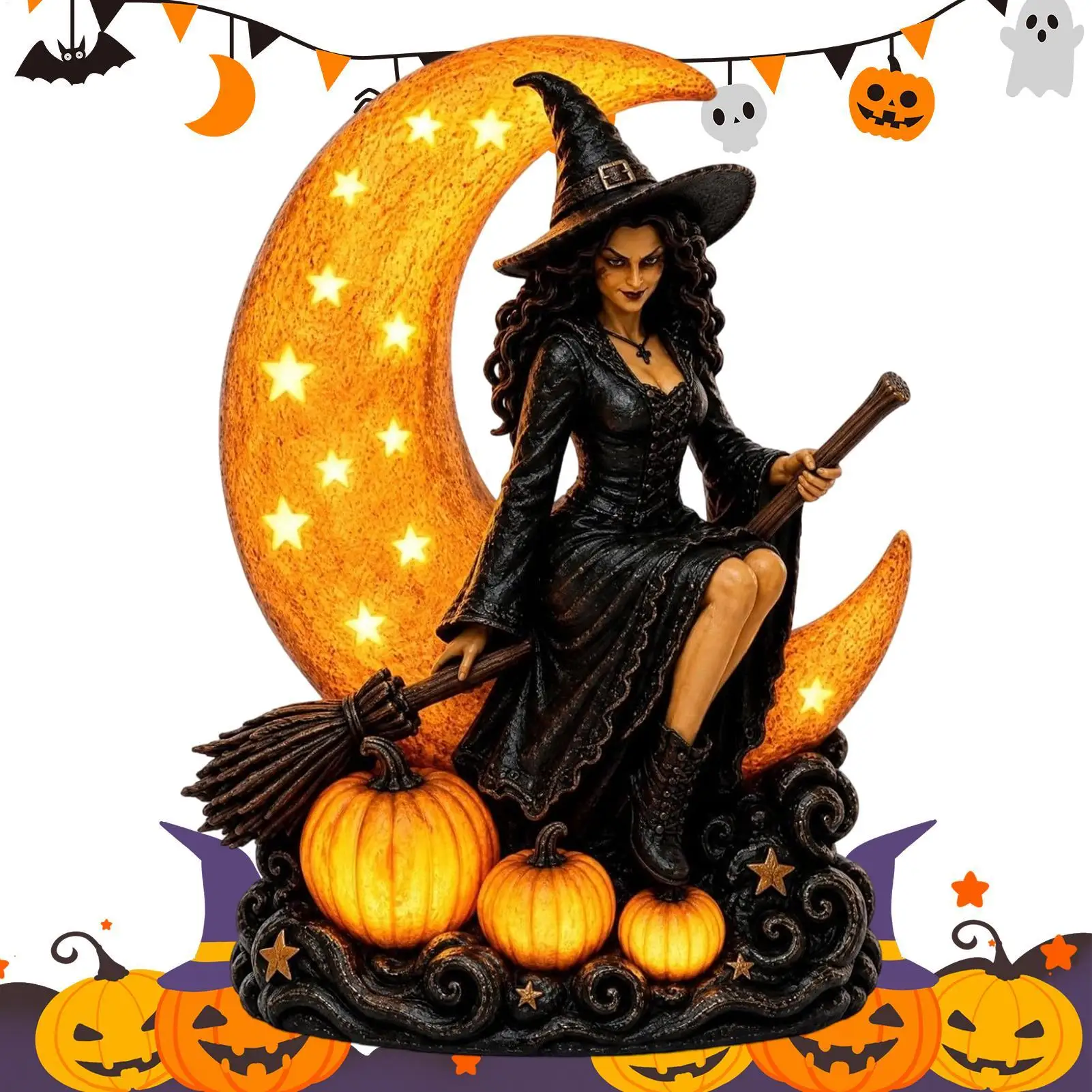 Halloween Witch Light LED Light Up Spooky Plug-In Centerpiece Witch Figurine Tabletop Decor for Bookshelf Cabinet Entryway Porch