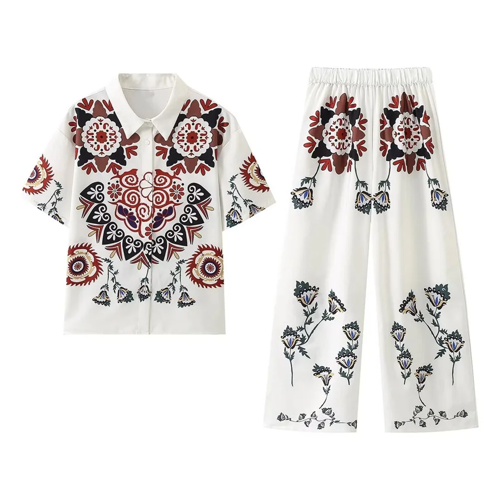 PB&ZA2024 Summer New Product Casual Women's Fashion Simplicity Positioning Printed Shirt Short Sleeve Long Pants Set