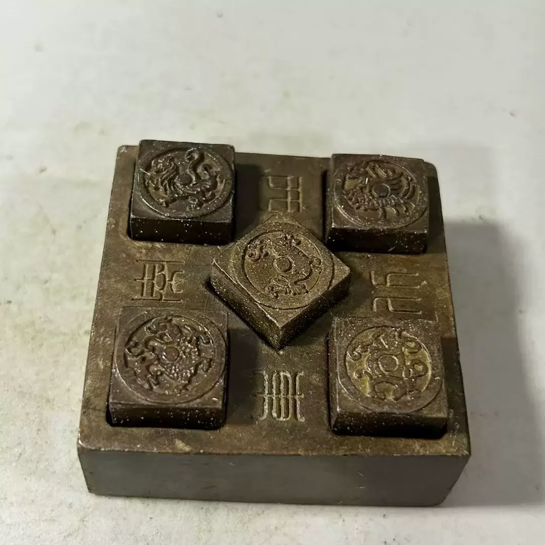 Antique Collection of Solid Copper Seals Featuring The Five Divine Beasts A Set of Retro-style Decorative