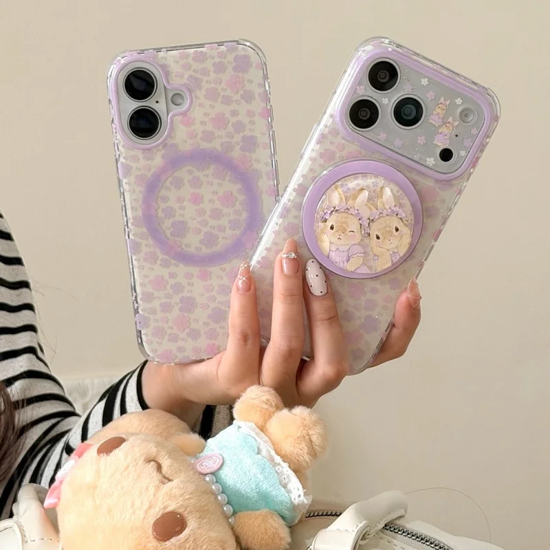 

Korean Ins Purple Little Flower Painting Magnetic Phone Case For iPhone 17 Pro 16 15 14 Pro Max Cover with Stand Cute Protective