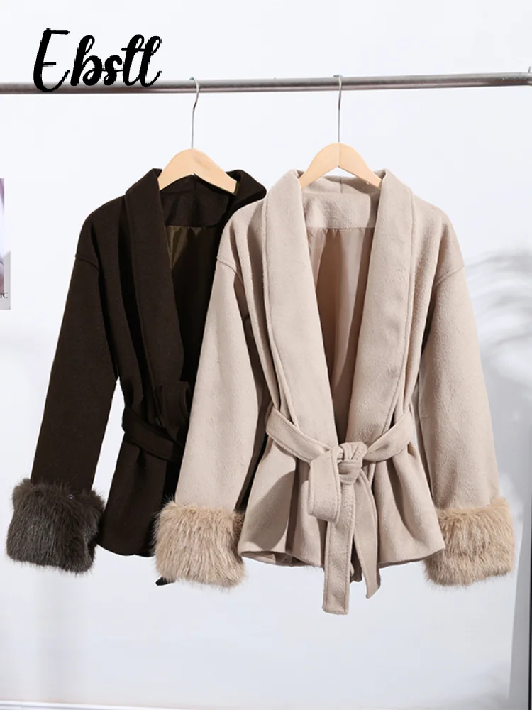معطف صوفي دافئ مرقع من الفرو برباط علوي معطف نسائي للشارع بياقة مقلوبة وأكمام كاملة معاطف شتاء جديد للسيدات ملابس خارجية أنيقة