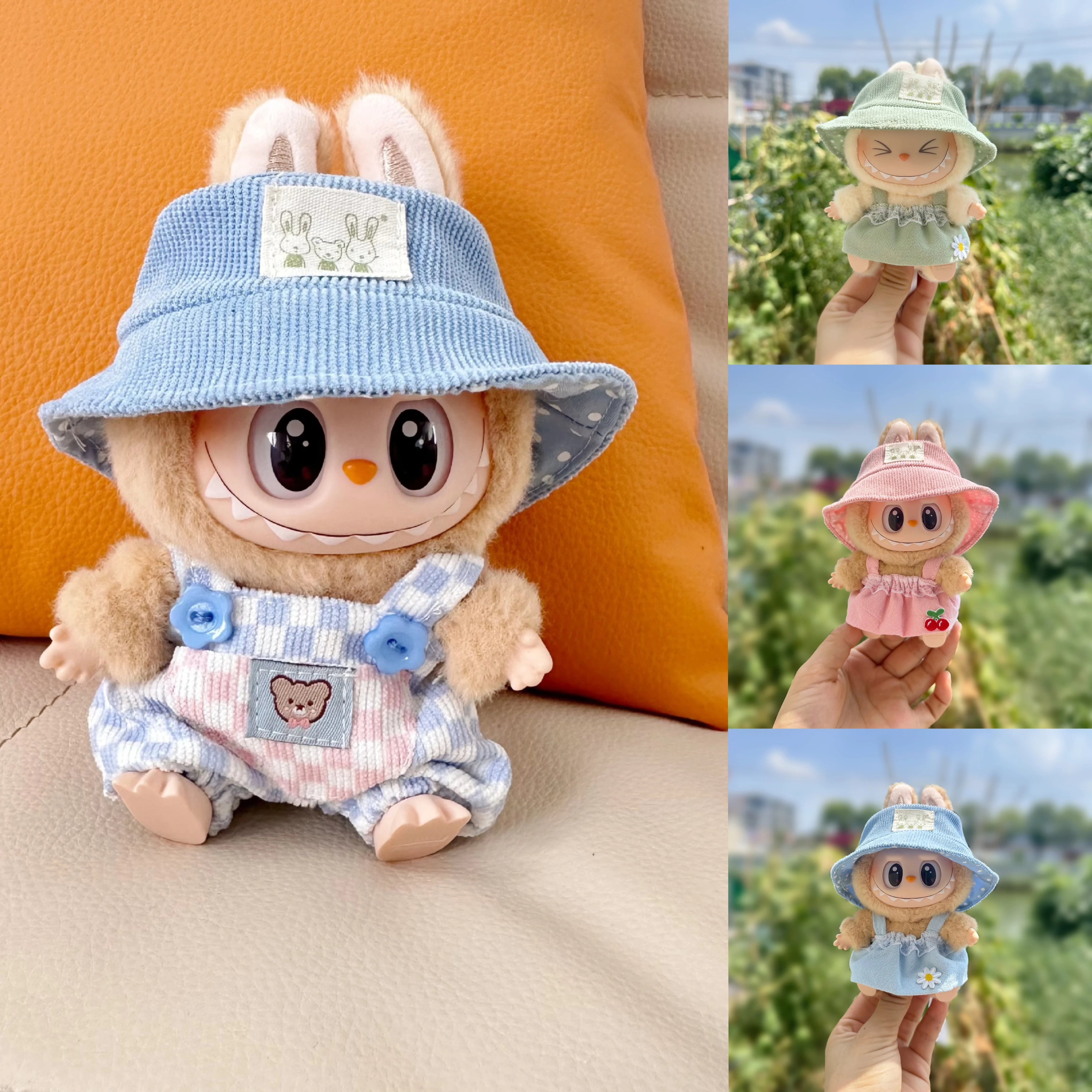 

17cm Labubu Dress Bucket Hat Cute Dolls Accessories Mini Plush Doll Dress-up Decoration Toy