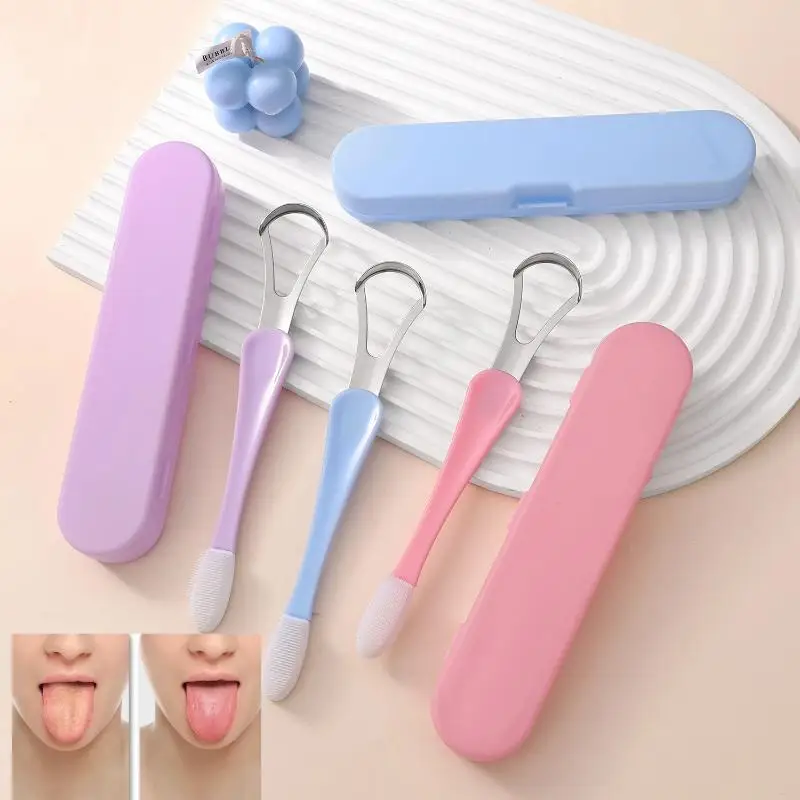 Tongue Scraper Cleaner For Adult Kid,2 In 1 Silicone Tongue Brush And Stainless Steel Tongue Scrapers For Fresh Breath Dental