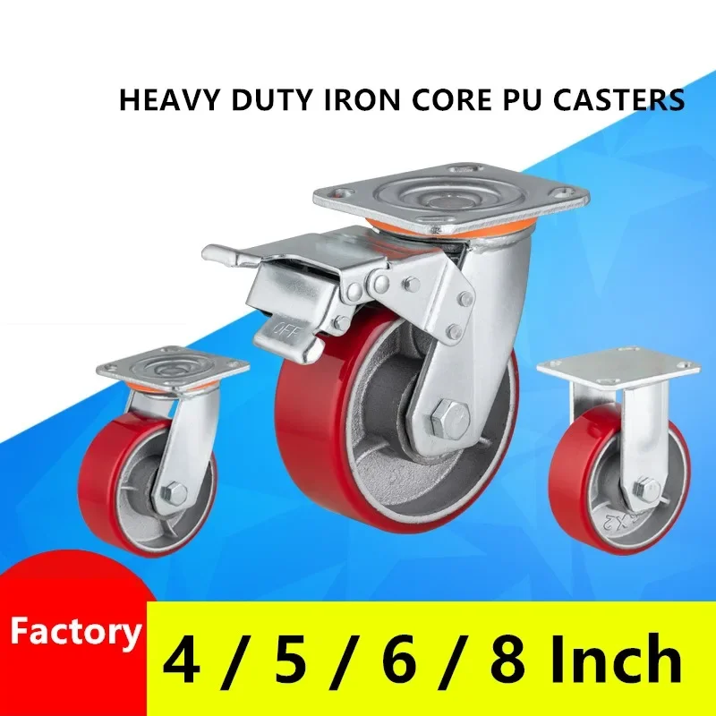 1 Pc 4 Inch Heavy-duty Iron Core Polyurethane Casters Industrial Brake Universal Roller Red for Shelves Trailers Cages