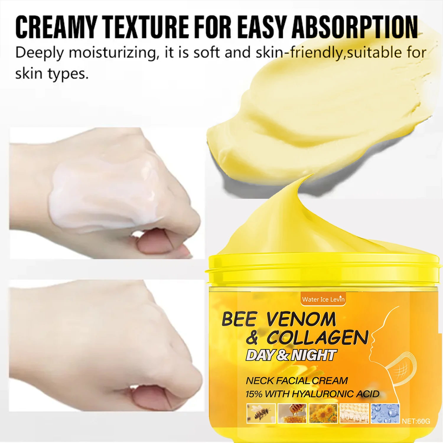Bee Venom Neck Cream with Collagen & Hyaluronic Acid - Moisturizing Firming Day & Night Cream, Niacinamide & Vitamin C