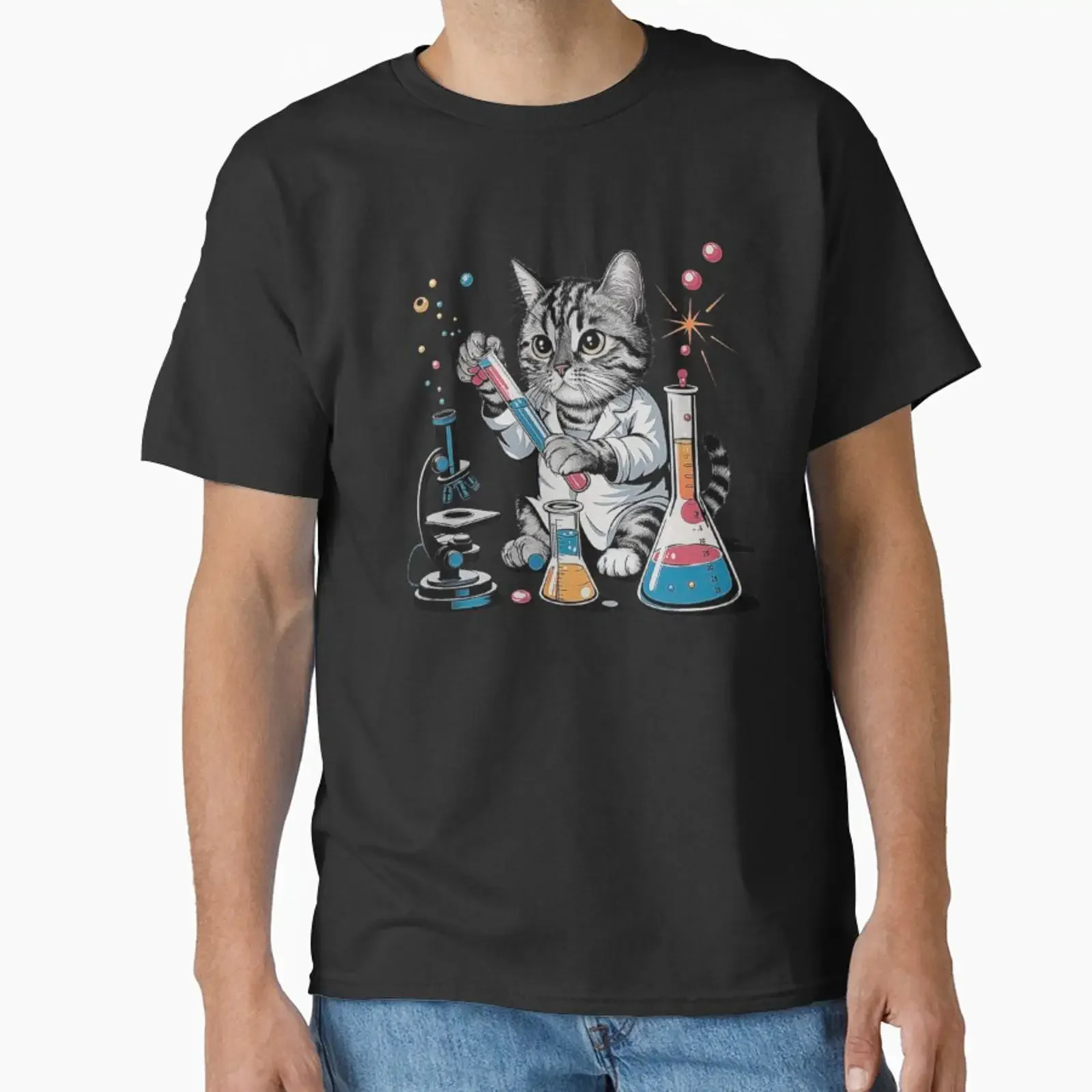 Scientific Cat Artwork Cute Kitten in a Chemistry Lab Classic T Shirt vintage Washed fashion Versatile Unisex graphic Slightly