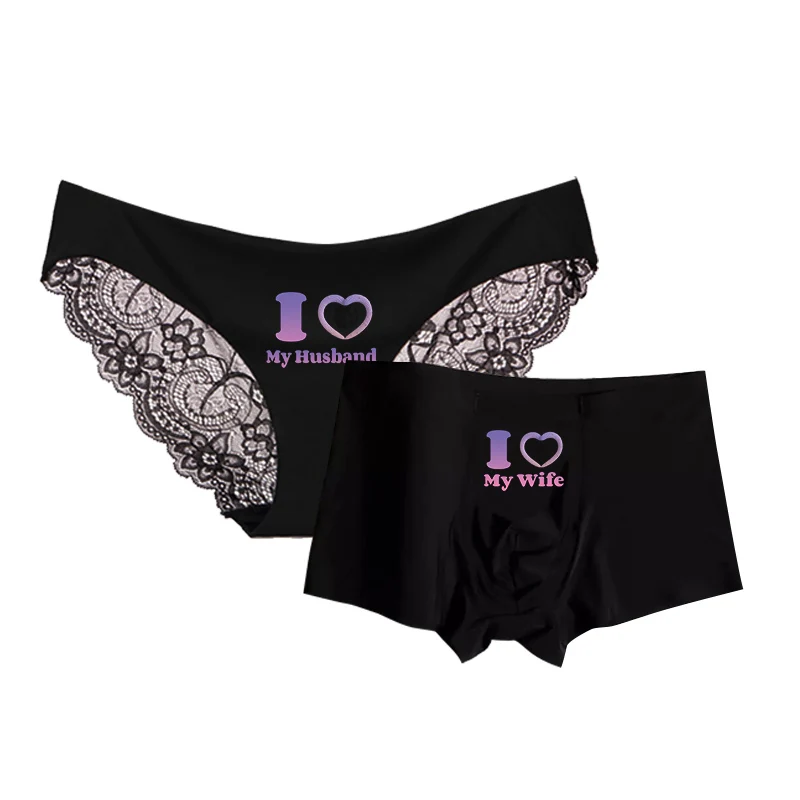 Custom Priting Sexy Lace Female Briefs Bikini Smooth Male Boxer Shorts Romantic Lovers Man and Woman Matching Couple Underwear