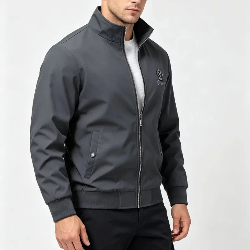 Fashion Man's Stand Collar Bomber Jacket Full Zip Embroidered Logo Workwear Jackets Autumn Multi Pockets Loose Fit Sports Coats
