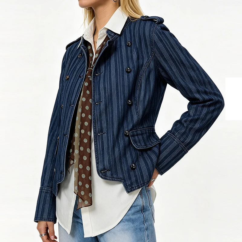 Vintage Vertical Stripe Women's Cropped Denim Jacket, Stand Collar Double Breasted Epaulet Slim Fit Dark Blue Cargo Short Coat