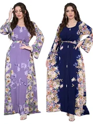 Moroccan Caftan for Women Party Dress Flower Print Sashes Long Robe Ramadan Dubai Abayas Dresses Jalabiya Eid Muslim Vestidos