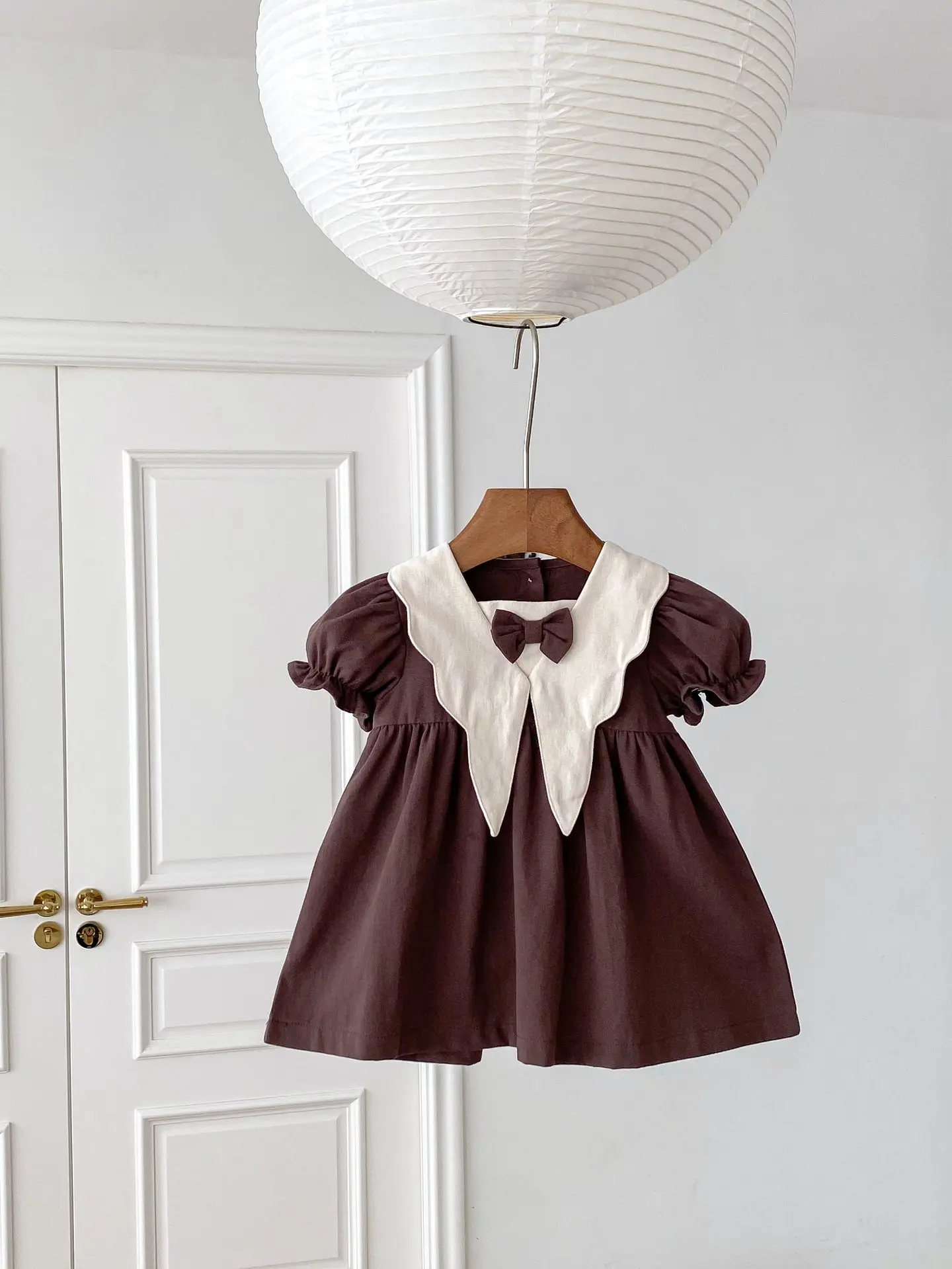 Dresses Summer Academic Style Baby Doll Collar Retro Style Princess Girls Simple Fashion 2024 Sweet Bows Baby Clothing