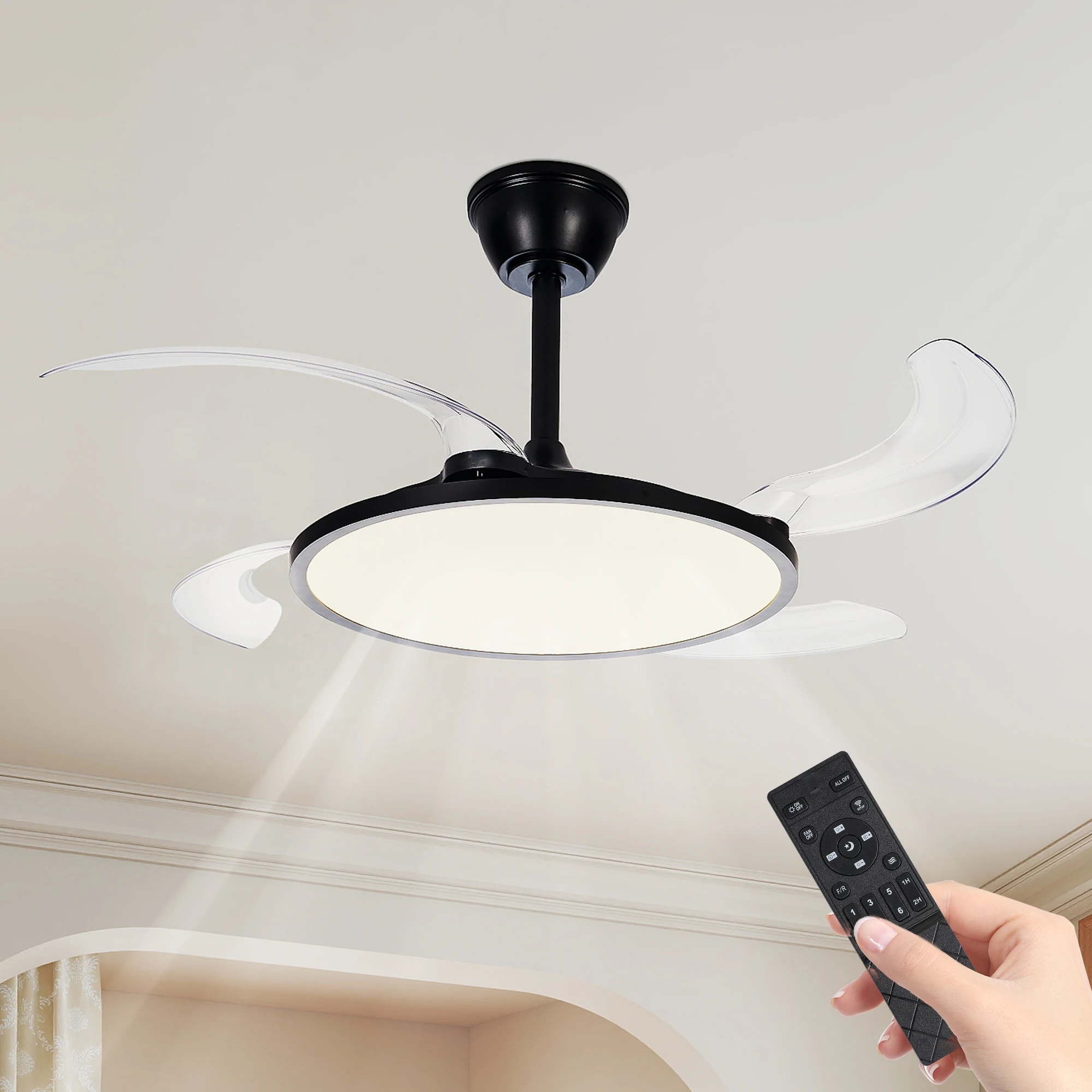 

ARLGSITE Modern Invisible Ceiling Fan with LED Light DC motor Large Air Volume Remote Control for Bedroom Dining room（Four-blad）