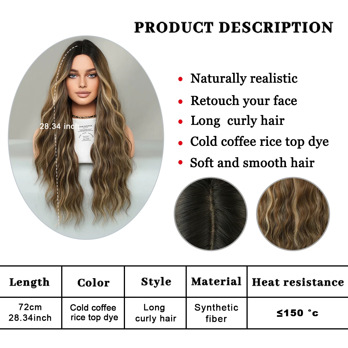 PARK YUN Costume Wig Long Wavy Brown Wig For Women Daily Party Dark Roots Synthetic Blonde Highlight Wigs High Density With Bang