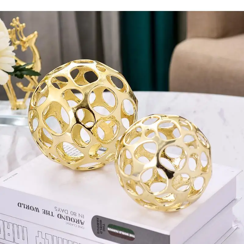 

Golden Ball Hollow Out Statue Creativity Home Ornaments Desktop Decor Gold Ball Sculpture Metal Crafts Living Room Decoration