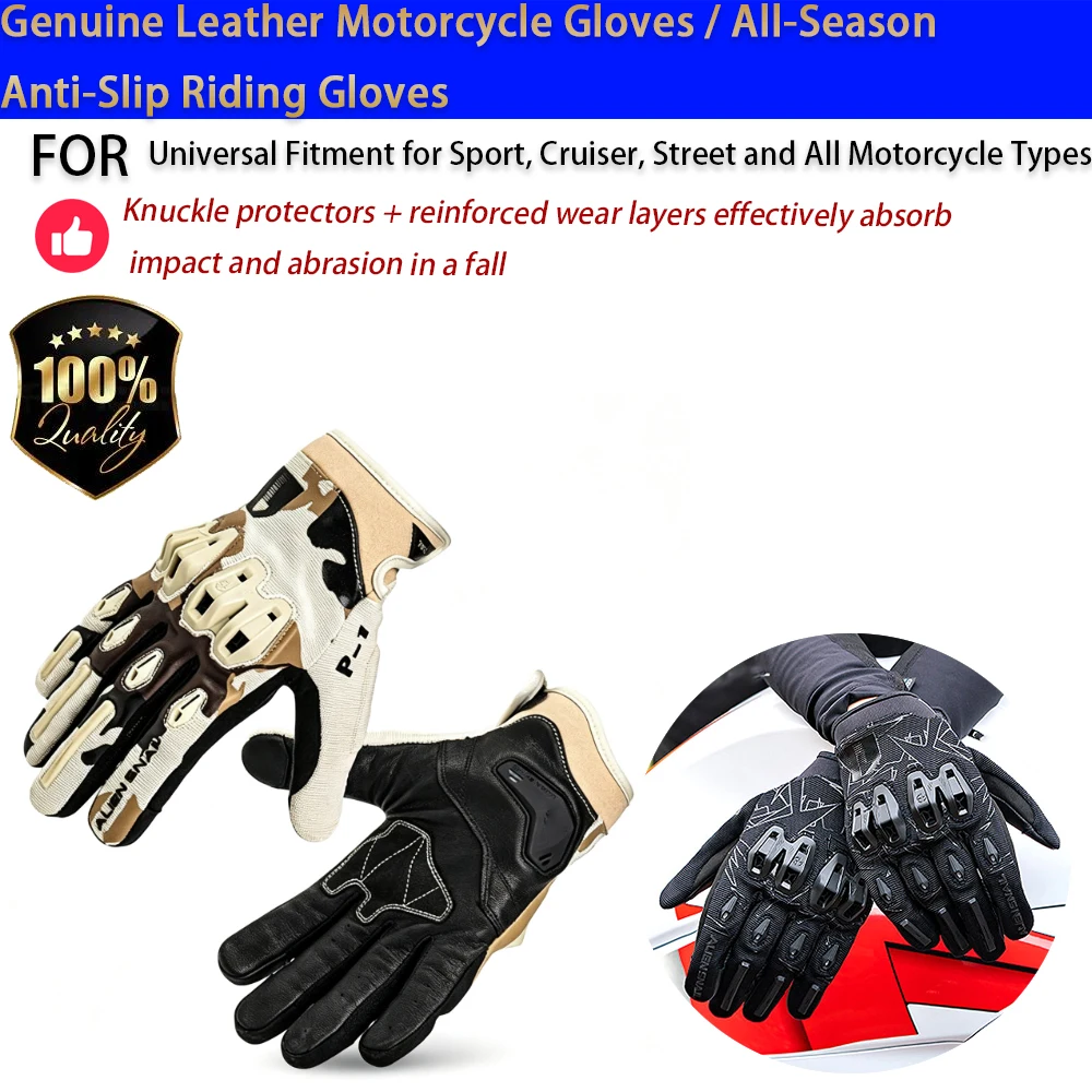 For Motorcycle Genuine Leather Gloves Anti-Slip Touchscreen All-Season Anti-Fall No-Drill Accesorios Moto