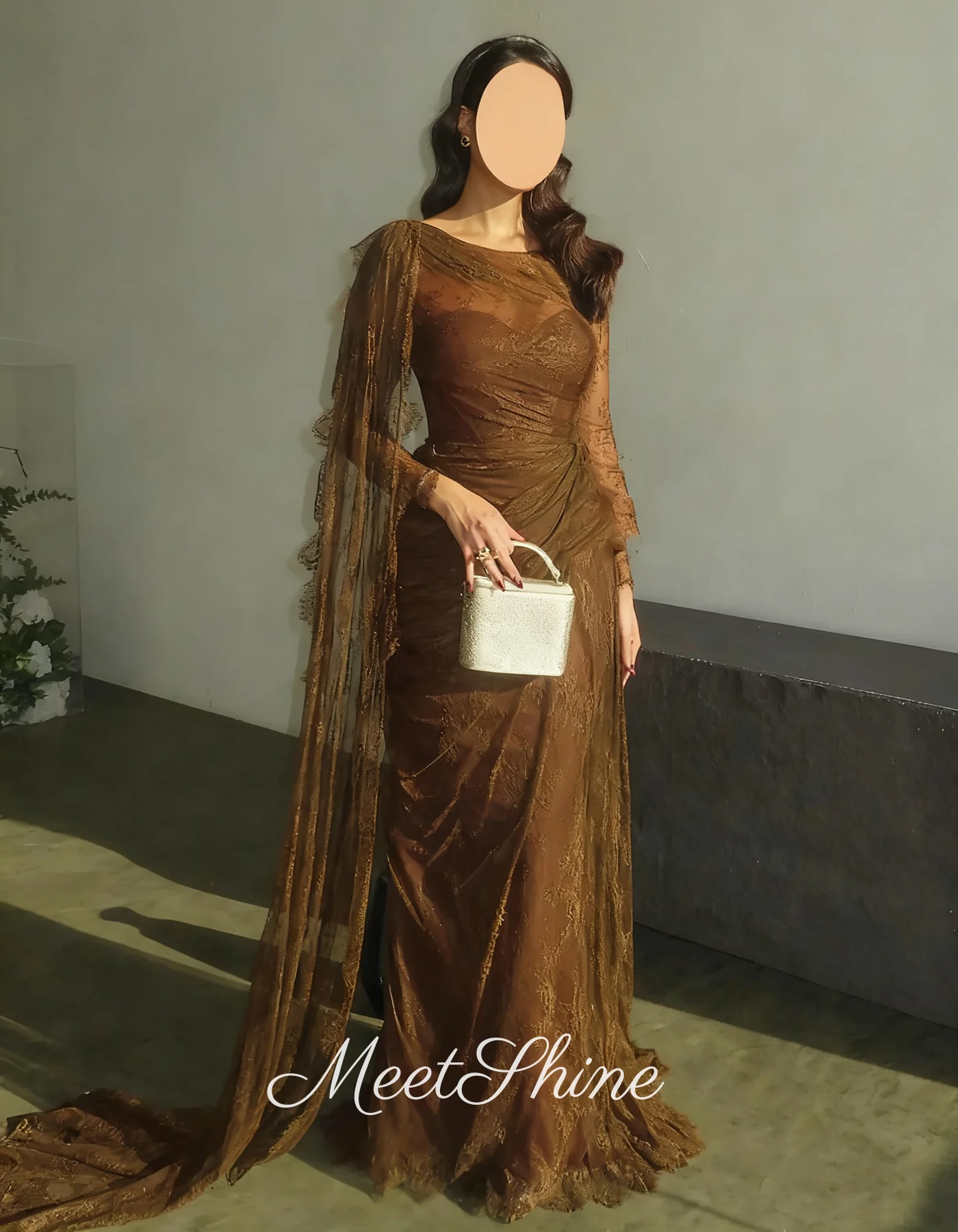 ヴィンテージブラウンマーメイドOネックプリーツプロムドレスドバイ長袖イブニングドレスサウジアラビア فساتين سهرةカスタマイズ