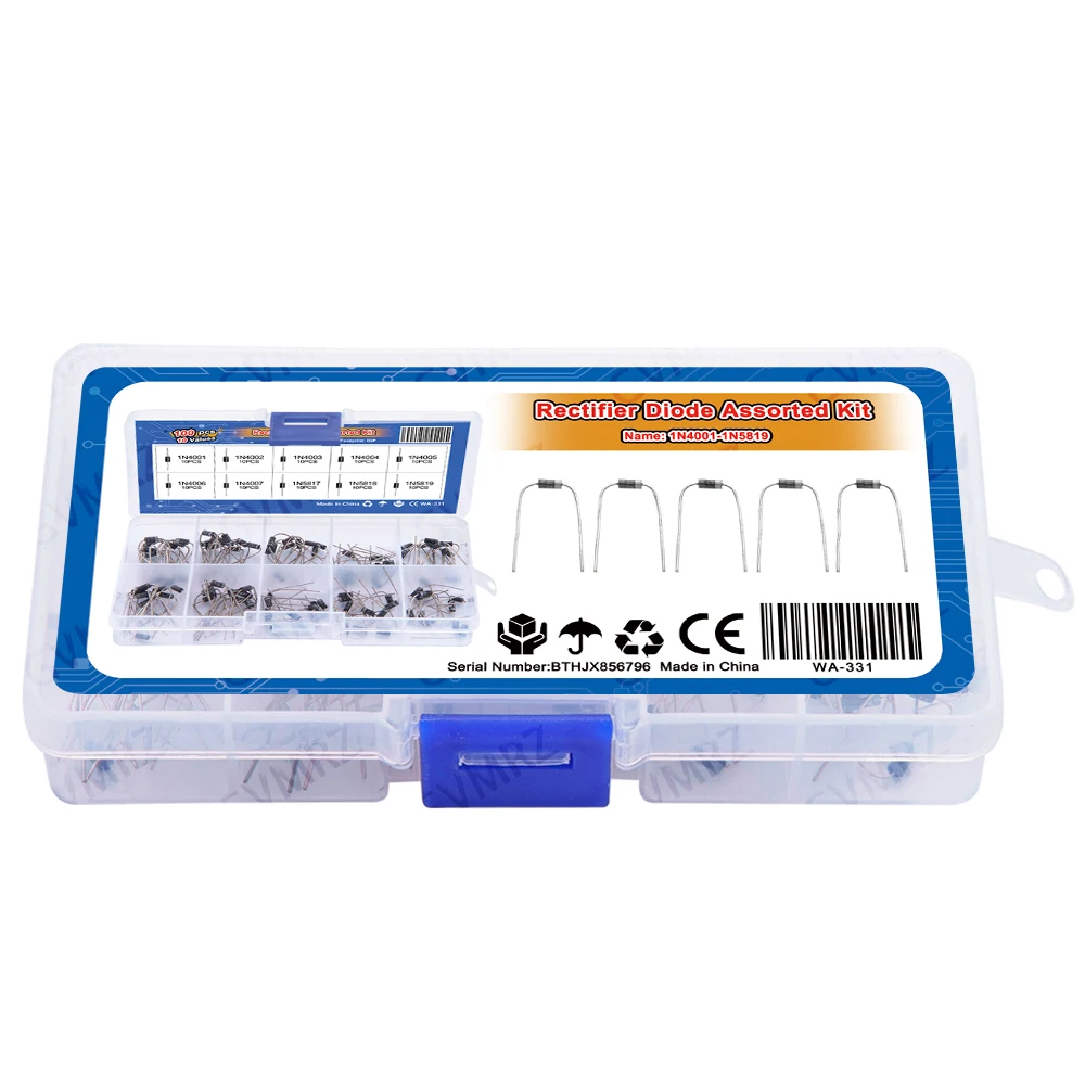 100PCS 10 Values Rectifier Diode Assorted Kit 1N4001 1N4002 1N4003 1N4004 1N4005 1N4006 1N4007 with Box 1N5817 1N5818 1N5819