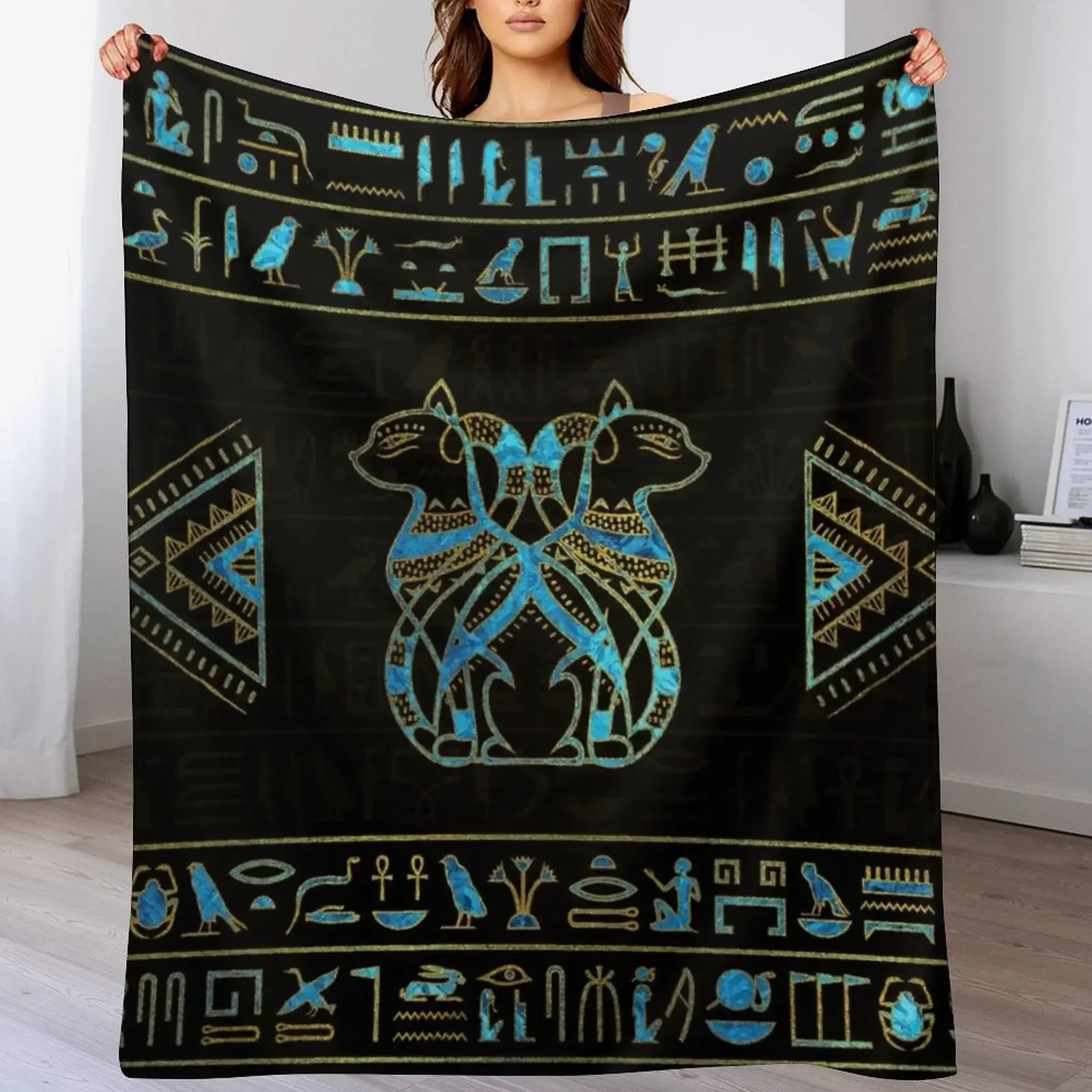 

Egyptian Cats Gold and blue stained glass Throw Blanket Plaid Giant Sofa bed plaid Blankets