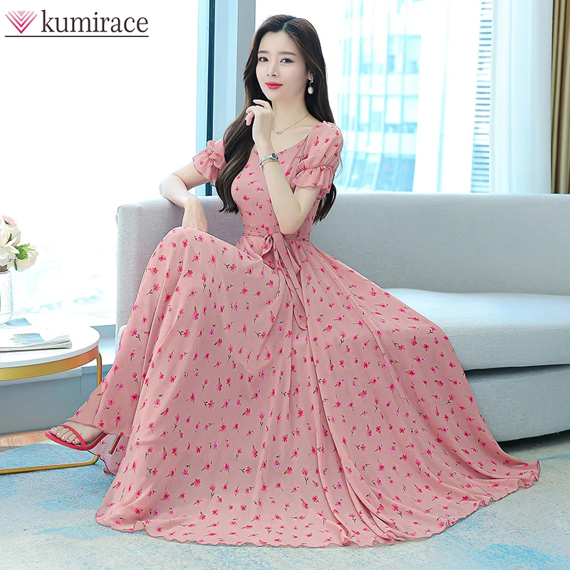 

2022 Korean New Dress Elegant Women's Round Neck Robe Printed Lotus Sleeves Big Swing Temperament Holiday Dresses for Women Robe