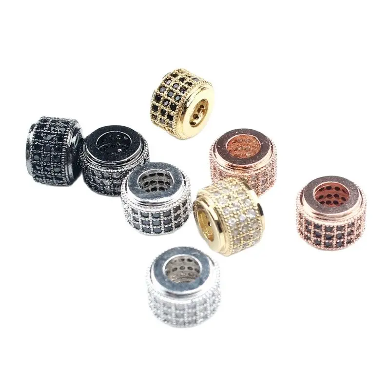 3pcs/lot Fashion Metal Brass Micro Pave Crystal CZ Cylinder Round Spacer Beads for Men Bracelet Making DIY Jewelry Accessories